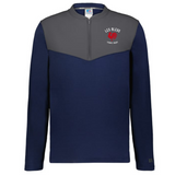 The EMB Augusta Nations of Rugby Les Bleus Sideline Grid 1/4 Zip Pullover is a navy blue long-sleeve with a gray yoke, "LES BLEUS FRANCE OUEST" logo, and red emblem on the left chest.