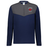 The EMB Augusta Nations of Rugby Les Bleus Sideline Grid 1/4 Zip Pullover is a navy blue long-sleeve with a gray yoke, "LES BLEUS FRANCE OUEST" logo, and red emblem on the left chest.
