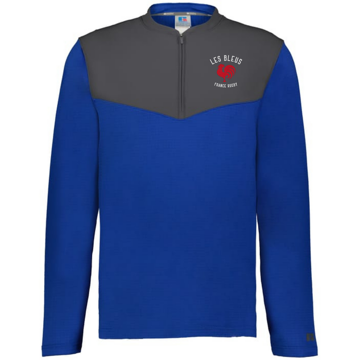 The EMB Augusta Nations of Rugby Les Bleus Sideline Grid 1/4 Zip Pullover features a blue body, dark gray yoke, and fleece neckline, with "LES BLEUS FRANCE OUEST" and a red rooster emblem on the left chest.