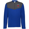 The EMB Augusta Nations of Rugby Les Bleus Sideline Grid 1/4 Zip Pullover features a blue body, dark gray yoke, and fleece neckline, with "LES BLEUS FRANCE OUEST" and a red rooster emblem on the left chest.