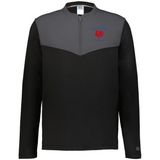 The EMB Augusta Nations of Rugby Les Bleus Sideline Grid 1/4 Zip Pullover is a black and gray long-sleeve fleece featuring a red rooster logo with "LES BLEUS" and "PRIDE GOLF" on the left chest.