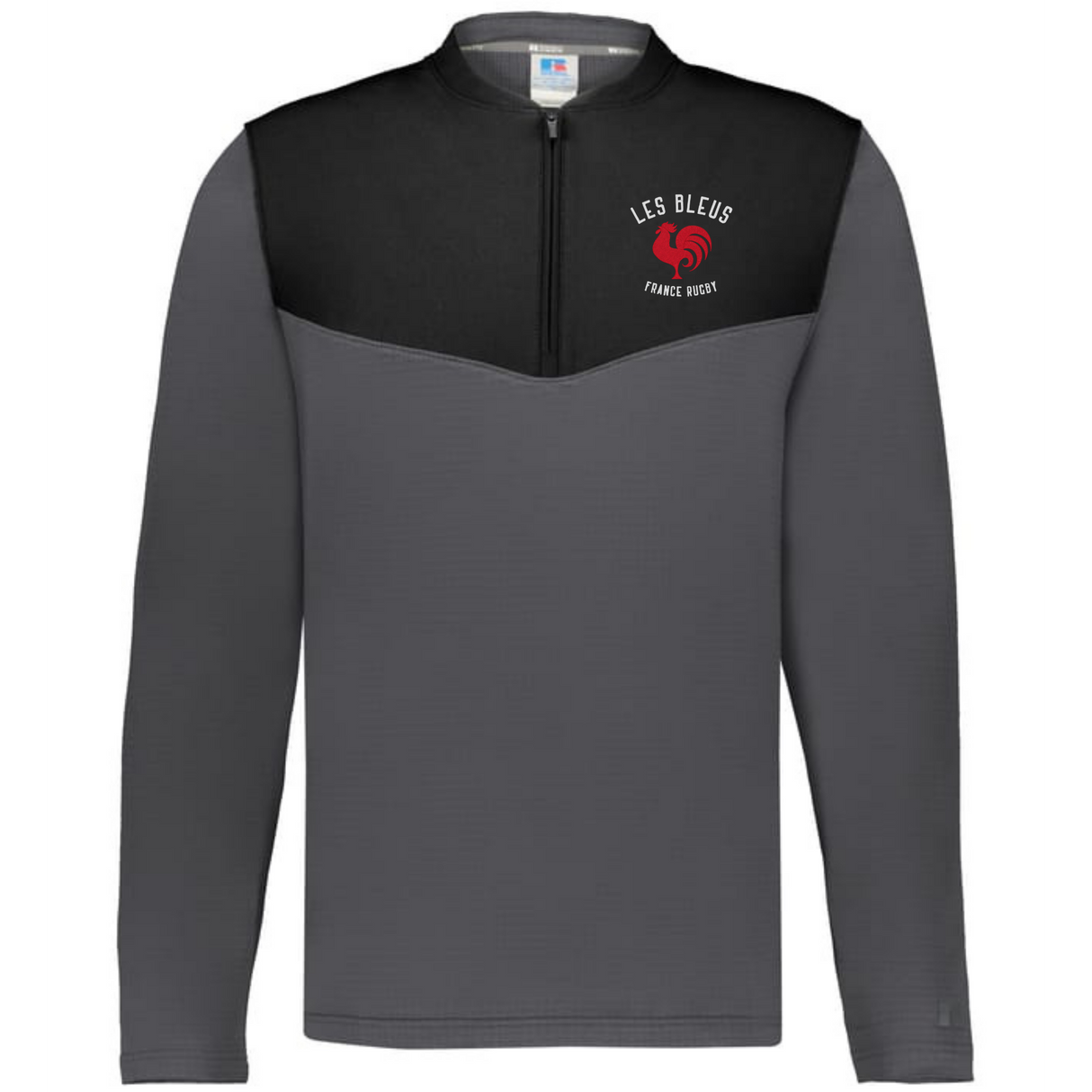 The EMB Augusta Nations of Rugby Les Bleus Sideline Grid 1/4 Zip Pullover features a gray and black fleece design with "Les Bleus France Rugby" text and a red rooster logo on the left chest.