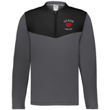 The EMB Augusta Nations of Rugby Les Bleus Sideline Grid 1/4 Zip Pullover features a gray and black fleece design with "Les Bleus France Rugby" text and a red rooster logo on the left chest.