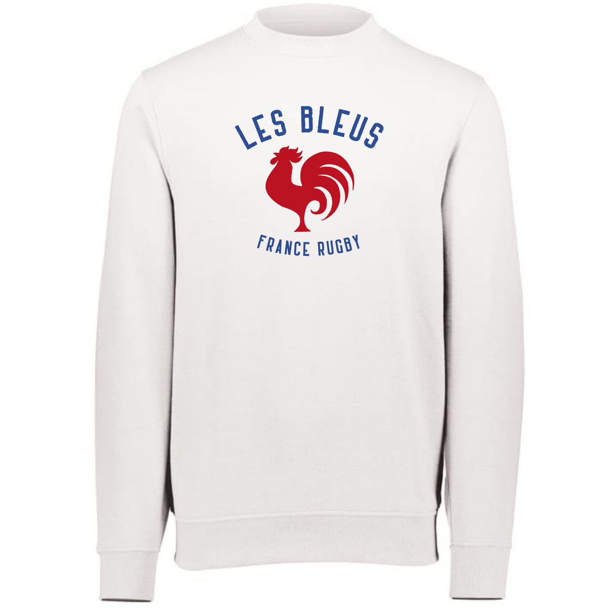 A Les Bleus France Rugby Fleece Crewneck Sweatshirt featuring the iconic rooster symbol of Les Bleus, the France Rugby team by WRS Augusta.