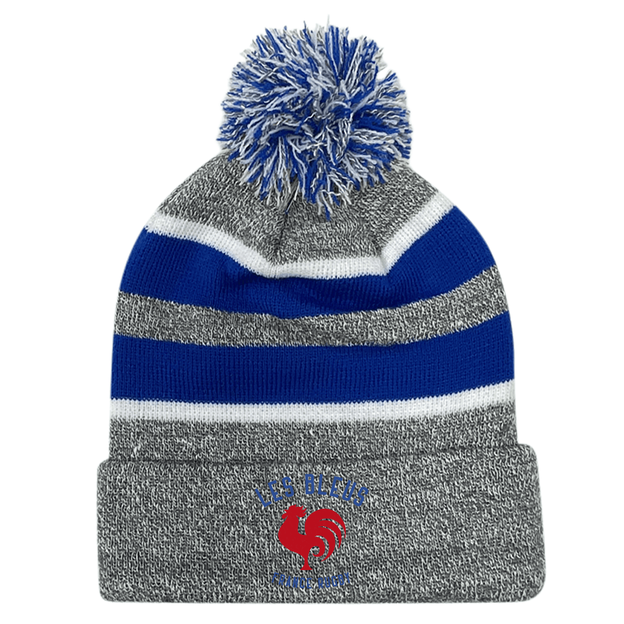 An EMB Augusta Le Bleus France Rugby Royal Text Hooped Pom-Pom Beanie, embroidered with a design.
