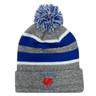 An EMB Augusta Le Bleus France Rugby Royal Text Hooped Pom-Pom Beanie, embroidered with a design.