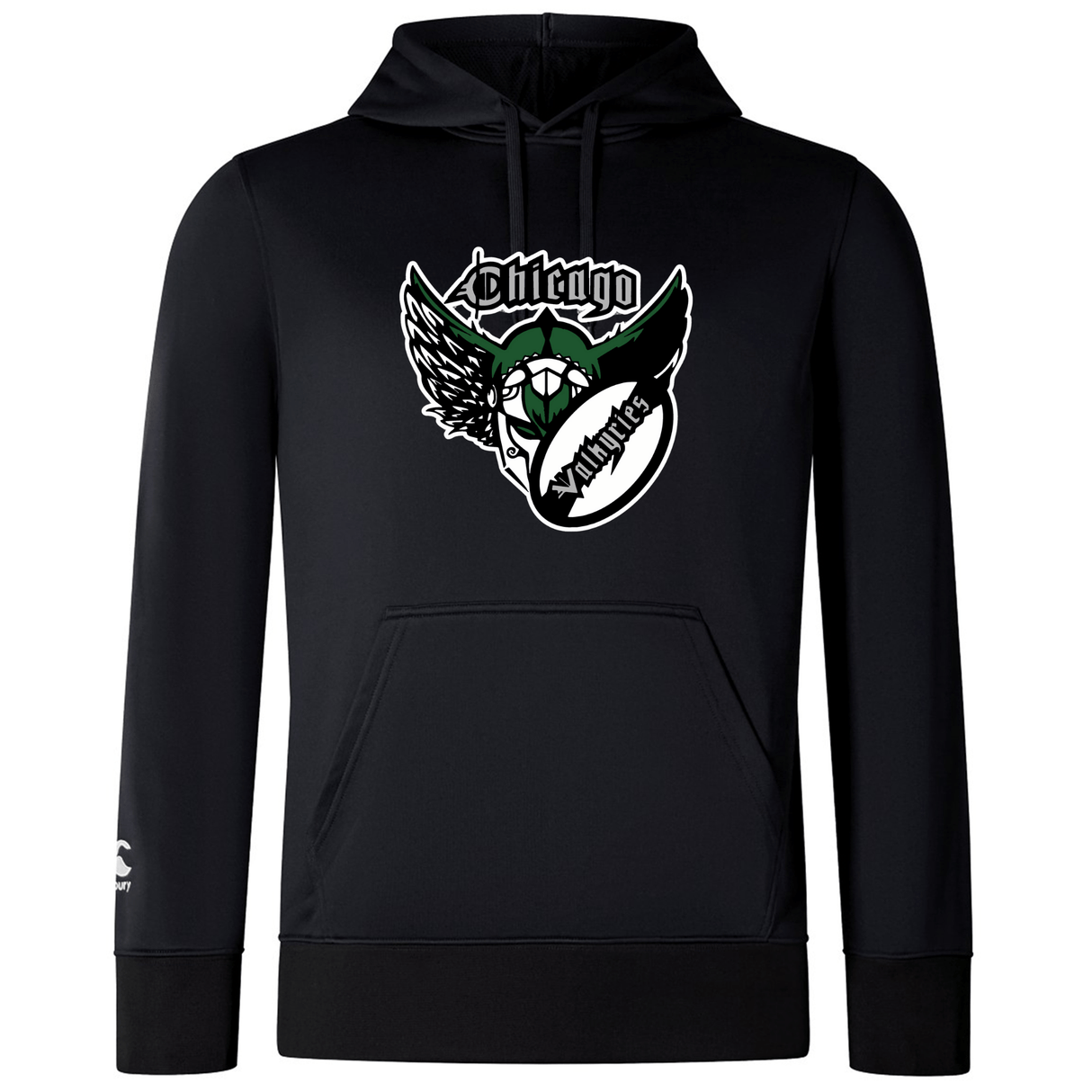 Black hoodie with a "Chicago Valkyries Club" graphic featuring an eagle and the word "monster" on the front, designed with a drawstring hood and kangaroo pocket. Designed by WRS Canterbury.