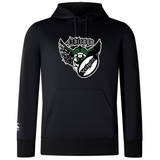Black hoodie with a "Chicago Valkyries Club" graphic featuring an eagle and the word "monster" on the front, designed with a drawstring hood and kangaroo pocket. Designed by WRS Canterbury.