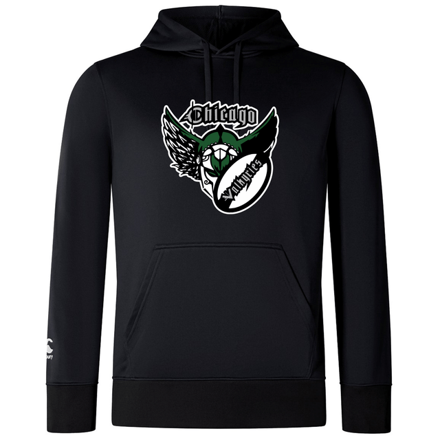 Black hoodie with a "Chicago Valkyries Club" graphic featuring an eagle and the word "monster" on the front, designed with a drawstring hood and kangaroo pocket. Designed by WRS Canterbury.