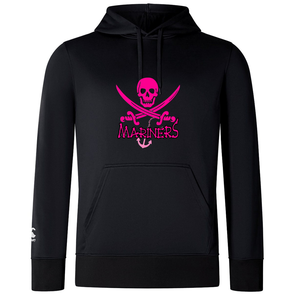 Lightweight black hoodie with a pink skull and crossbones design above the word "mariners" on the chest, featuring a kangaroo pocket and drawstring hood. SUNY Maritime Club Lightweight Hoodie by WRS Canterbury.