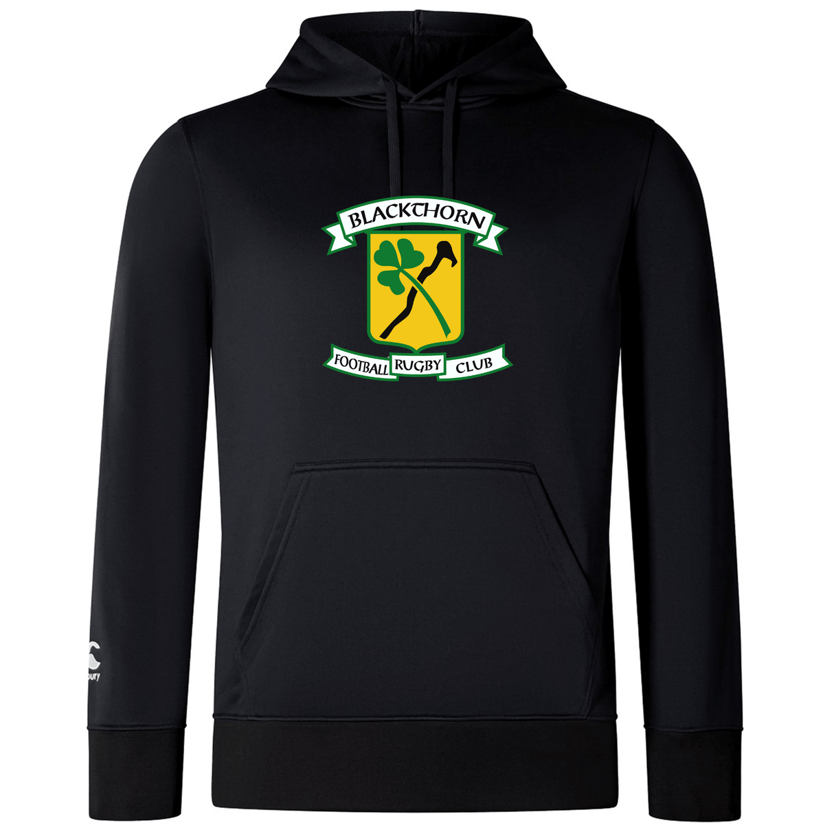 Black Blackthorn RFC Club Lightweight Hoodie by WRS Canterbury with a green and yellow logo of the "blackhorn football rugby club" featuring crossed hammers, displayed on a solid background.