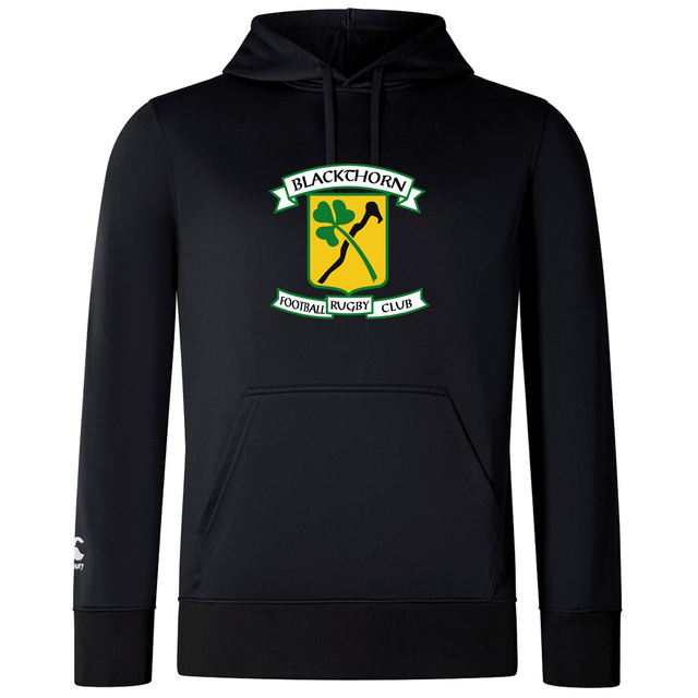 Black Blackthorn RFC Club Lightweight Hoodie by WRS Canterbury with a green and yellow logo of the "blackhorn football rugby club" featuring crossed hammers, displayed on a solid background.