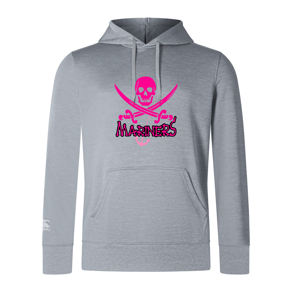 Gray SUNY Maritime Club Lightweight Hoodie with a pink "mariners" logo featuring a skull and crossed swords printed on the front by WRS Canterbury.