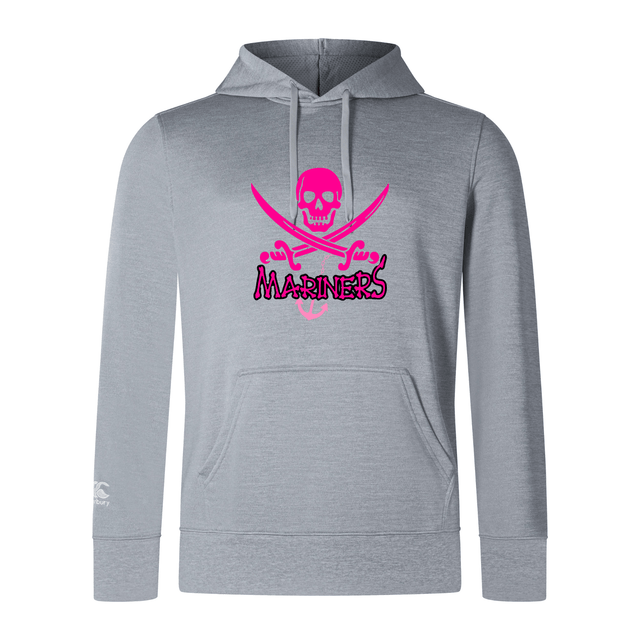 Gray SUNY Maritime Club Lightweight Hoodie with a pink "mariners" logo featuring a skull and crossed swords printed on the front by WRS Canterbury.