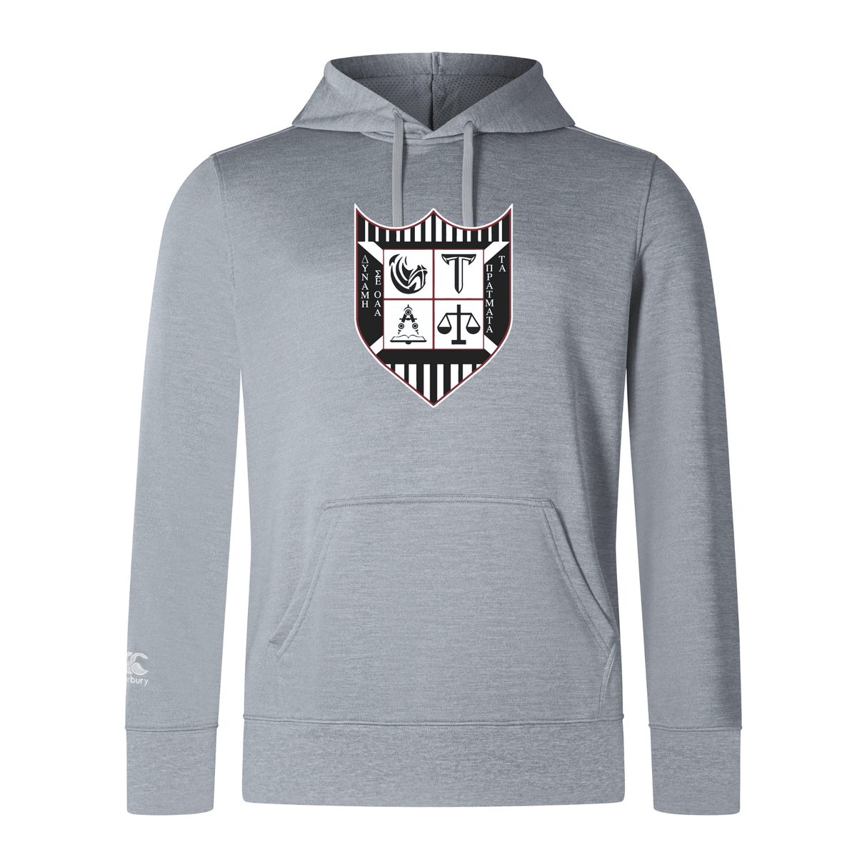 Gray Troy University Rugby Club lightweight hoodie by WRS Canterbury with a graphic shield design on the chest displaying various symbols, featuring a drawstring hood and a kangaroo pocket.