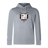 Gray Troy University Rugby Club lightweight hoodie by WRS Canterbury with a graphic shield design on the chest displaying various symbols, featuring a drawstring hood and a kangaroo pocket.
