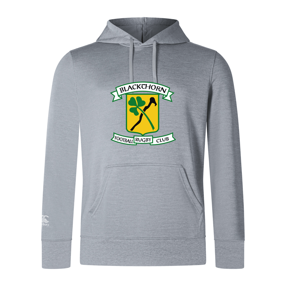 Gray hooded sweatshirt featuring the Blackthorn RFC Club logo with a green and yellow emblem and a kangaroo pocket by WRS Canterbury.