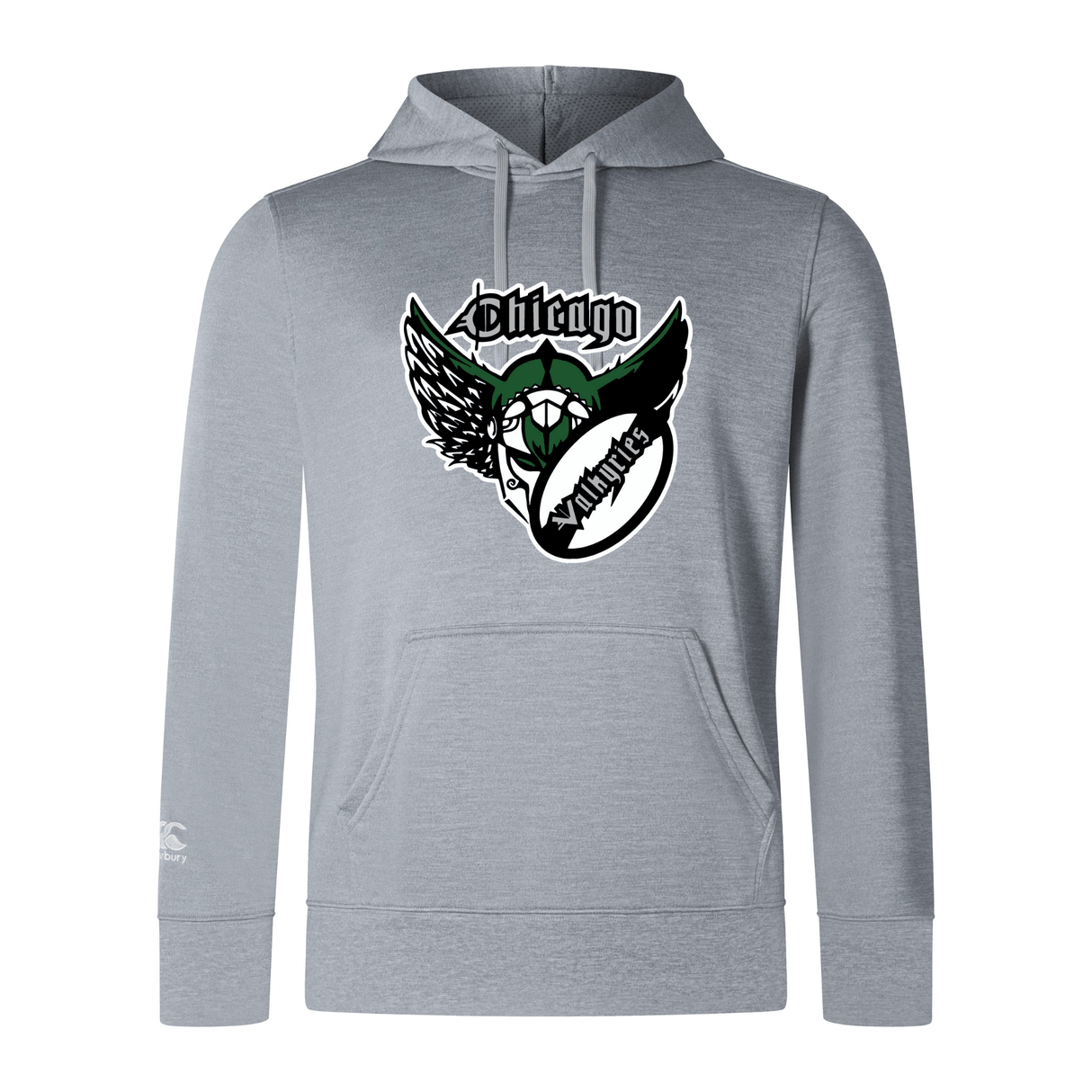 Lightweight gray Chicago Valkyries Club hoodie by WRS Canterbury with a logo featuring a stylized wolf's head with wings on the front.