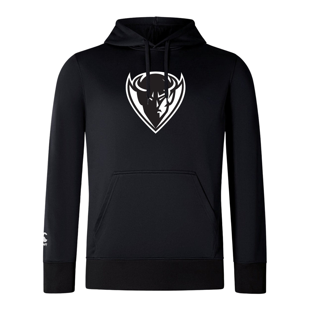 Black DePaul University Club lightweight hoodie by WRS Canterbury with a white bull head logo on the chest and a small logo on the left sleeve, designed with a drawstring hood and a kangaroo pocket.