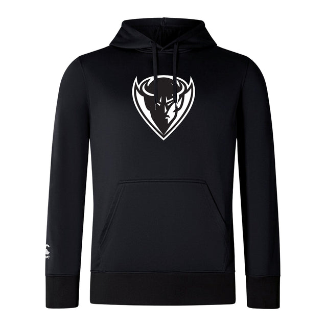 Black DePaul University Club lightweight hoodie by WRS Canterbury with a white bull head logo on the chest and a small logo on the left sleeve, designed with a drawstring hood and a kangaroo pocket.
