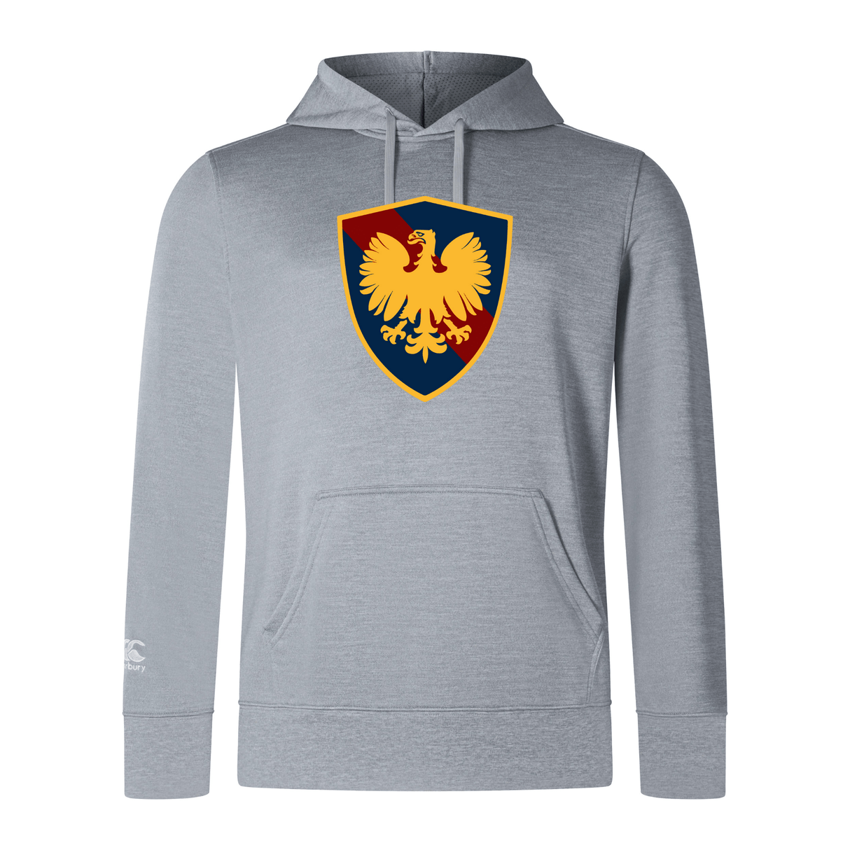 Cincinnati Classical Academy Club Lightweight Hoodie by WRS Canterbury with a large shield emblem displaying a golden eagle on a blue and red background, featuring a kangaroo pocket and hood.