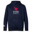 A navy blue Rugby East Conference Club Lightweight Hoodie by Canterbury with a kangaroo pocket, displaying a red bird graphic above the words "RUGBY EAST." The WRS Canterbury logo is on the left sleeve.