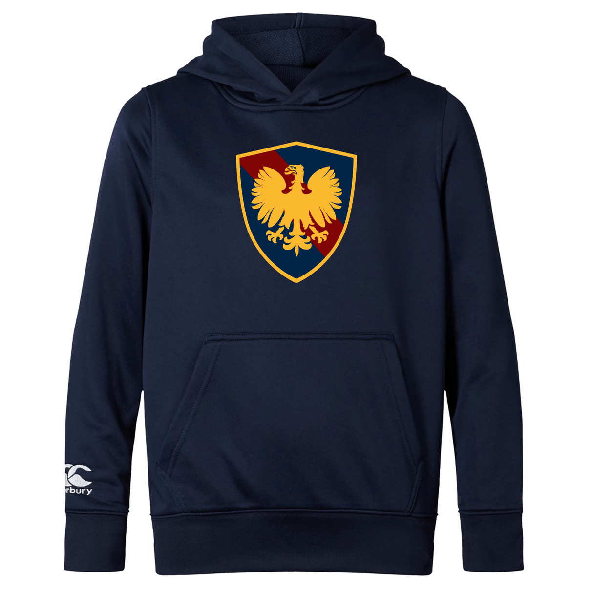 Cincinnati Classical Academy Club lightweight hoodie by WRS Canterbury with a red and gold shield crest on the chest, featuring a stylized eagle design, and a kangaroo pocket.