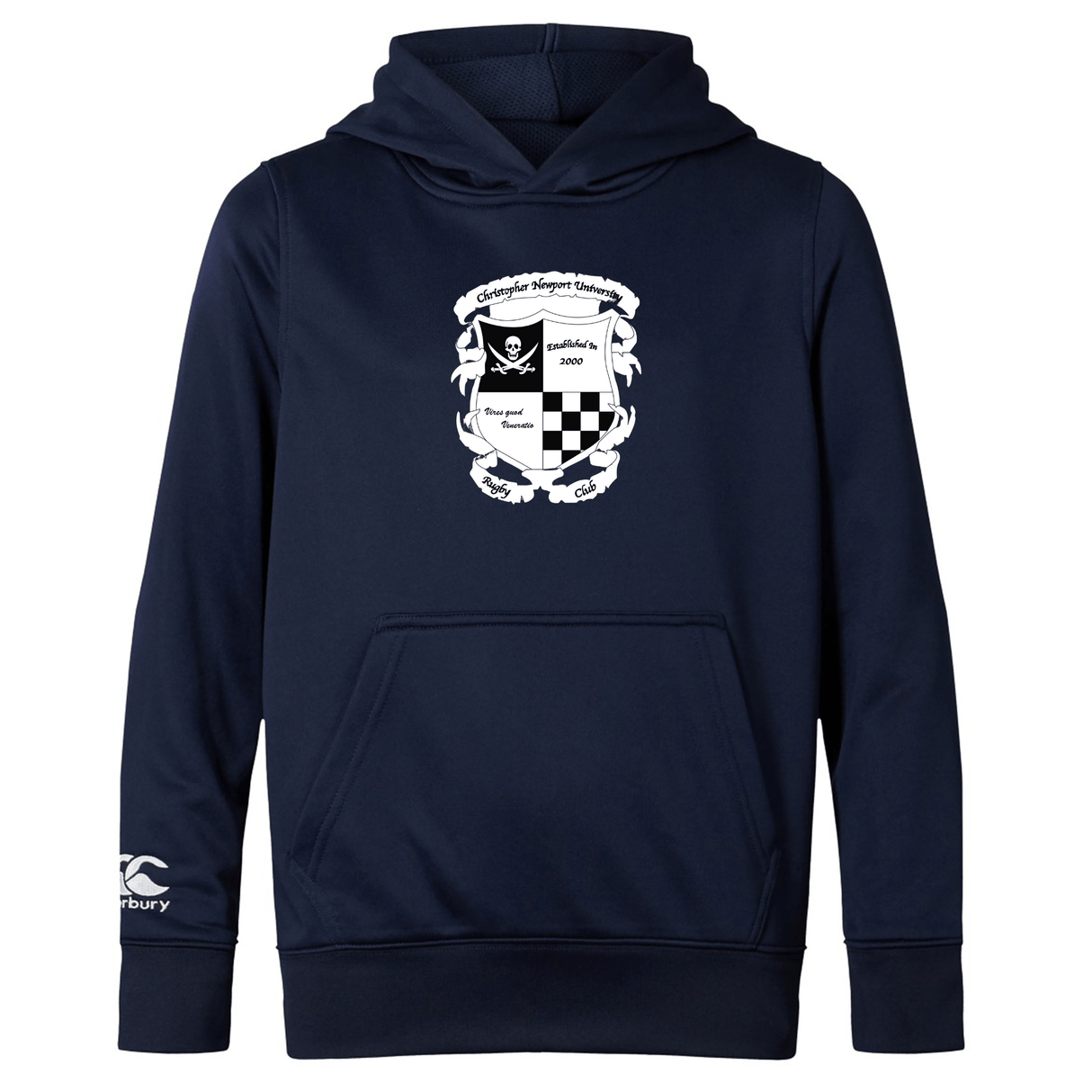 Navy blue Rugby Football Club at Christopher Newport University Club lightweight hoodie featuring a central graphic with a shield, crossed oars, and text, under a WRS Canterbury logo on the left sleeve.