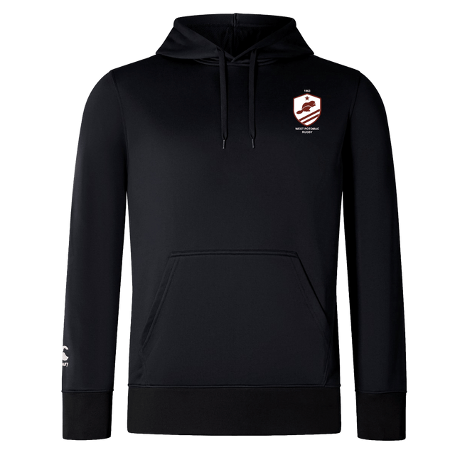 The West Potomac RFC Club Lightweight Hoodie by WRS Canterbury features a drawstring hood, kangaroo pocket, small white and red crest on the left chest, and a white logo on the left sleeve.