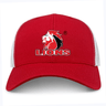 The Lions Retro Trucker Cap by EMB S&S Activewear features a red and white design, stylized lion logo, bold "LIONS" lettering on the front, and an adjustable snapback closure. Inspired by the South Africa Lions.