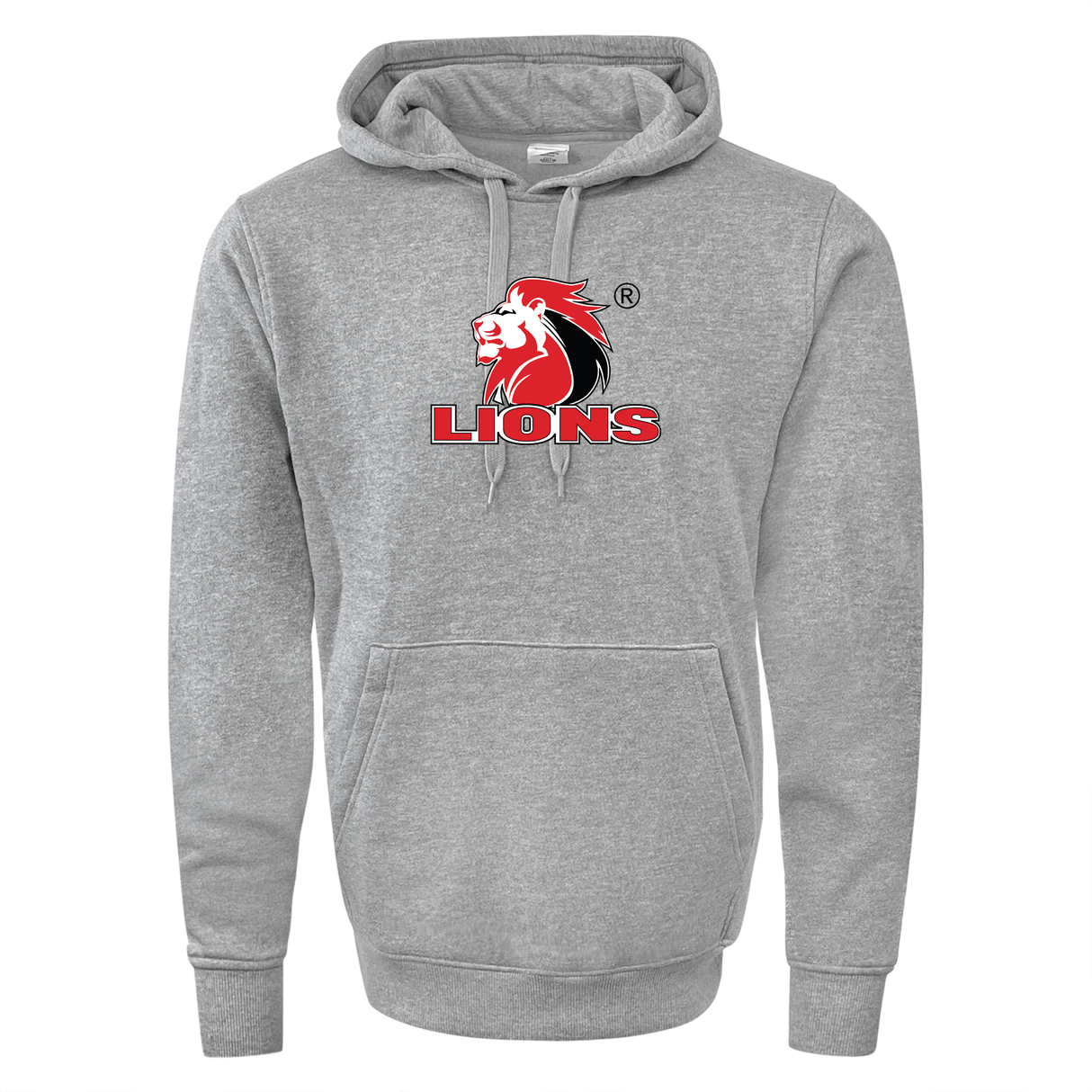 The WRS Augusta Lions 60/40 Pullover Hoodie is a gray fleece garment that showcases a red and white lion logo and the text "LIONS" on the front, making it ideal for South Africa Lions rugby supporters.