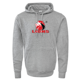 The WRS Augusta Lions 60/40 Pullover Hoodie is a gray fleece garment that showcases a red and white lion logo and the text "LIONS" on the front, making it ideal for South Africa Lions rugby supporters.