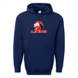 Introducing the Lions 60/40 Pullover Hoodie by WRS Augusta: a navy blue fleece hoodie adorned with a striking red and white lion logo and the word "LIONS" below, ideal for fans of the South Africa Lions rugby team.