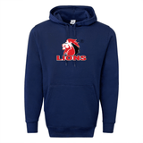 Introducing the Lions 60/40 Pullover Hoodie by WRS Augusta: a navy blue fleece hoodie adorned with a striking red and white lion logo and the word "LIONS" below, ideal for fans of the South Africa Lions rugby team.