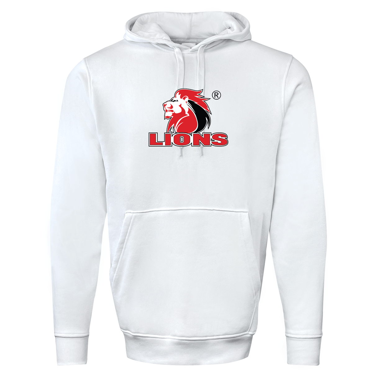 White Lions 60/40 Pullover Hoodie by WRS Augusta, featuring a red and black lion graphic with the text "LIONS" on the front, perfect for South Africa Lions rugby fans.