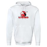 White Lions 60/40 Pullover Hoodie by WRS Augusta, featuring a red and black lion graphic with the text "LIONS" on the front, perfect for South Africa Lions rugby fans.