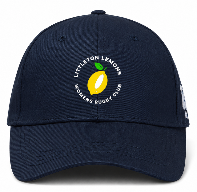 Show off your team spirit with the Littleton Women Rugby Club Flexfit Drill Cap by Canterbury. This navy cap from EMB Canterbury features a curved brim, a vibrant yellow lemon graphic, and “Littleton Lemons Women’s Rugby Club” embroidered on the front—blending comfort and sporty flair for fans and players alike.