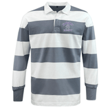 A long-sleeved, collared rugby shirt with horizontal grey and white stripes, embodying a throwback aesthetic and "Knights Rugby" embroidered on the left chest. This Ardrey Kell Rugby Classic Long Sleeve Striped Rugby Jersey by EMB Mudoo is perfect for leisurewear.
