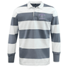 A long-sleeved, collared rugby shirt with horizontal grey and white stripes, embodying a throwback aesthetic and "Knights Rugby" embroidered on the left chest. This Ardrey Kell Rugby Classic Long Sleeve Striped Rugby Jersey by EMB Mudoo is perfect for leisurewear.