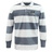 The EMB Mudoo Chicago Valkyries Classic Long Sleeve Hooped Rugby Jersey features wide horizontal stripes in white and grey, complemented by a small embroidered logo on the upper left side.