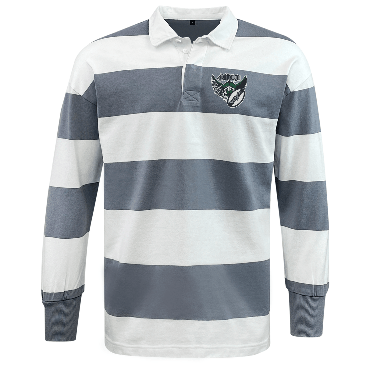 The EMB Mudoo Chicago Valkyries Classic Long Sleeve Hooped Rugby Jersey features wide horizontal stripes in white and grey, complemented by a small embroidered logo on the upper left side.
