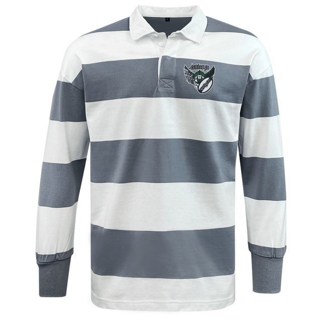 The EMB Mudoo Chicago Valkyries Classic Long Sleeve Hooped Rugby Jersey features wide horizontal stripes in white and grey, complemented by a small embroidered logo on the upper left side.