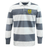 The Burger Boys RFC Classic Long Sleeve Hooped Rugby Jersey by EMB Mudoo is a nostalgic rugby shirt designed with wide horizontal grey and white stripes. It features a yellow shield patch with text and a graphic on the left chest, offering both classic style and comfortable leisurewear for any occasion.