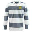 The Burger Boys RFC Classic Long Sleeve Hooped Rugby Jersey by EMB Mudoo is a nostalgic rugby shirt designed with wide horizontal grey and white stripes. It features a yellow shield patch with text and a graphic on the left chest, offering both classic style and comfortable leisurewear for any occasion.