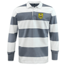 The Burger Boys RFC Classic Long Sleeve Hooped Rugby Jersey by EMB Mudoo is a nostalgic rugby shirt designed with wide horizontal grey and white stripes. It features a yellow shield patch with text and a graphic on the left chest, offering both classic style and comfortable leisurewear for any occasion.