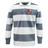 The Rye High School Rugby Classic Long Sleeve Hooped Rugby Jersey by EMB Mudoo features wide horizontal stripes in grey and white, a collar with buttons, and an embroidered shield logo with "RYE RUGBY" on the chest. This relaxed fit garment is crafted from a soft cotton/poly blend for ultimate comfort.