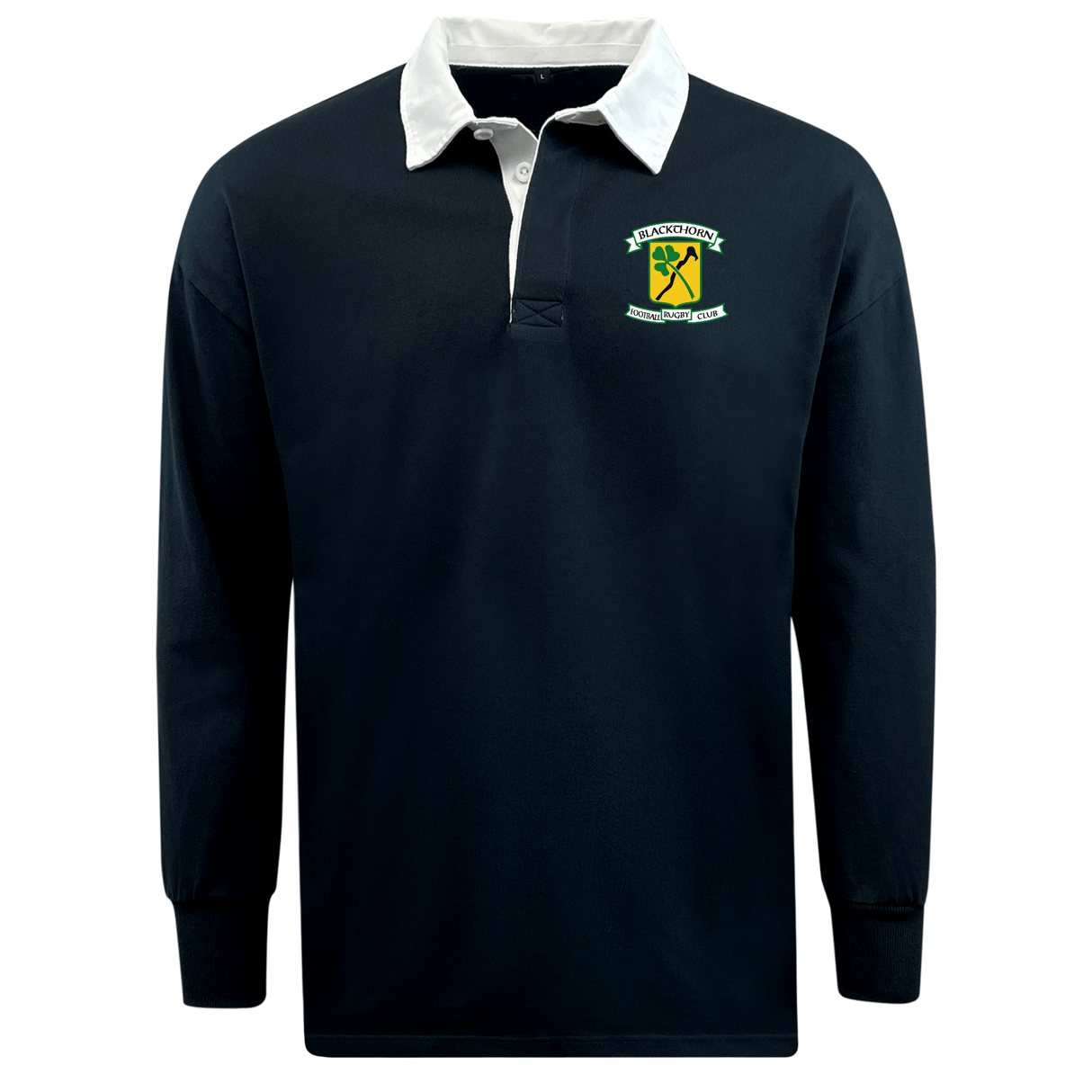Blackthorn RFC Classic Long Sleeve Solid Rugby Jersey with a white collar and an EMB Mudoo logo on the left chest, displayed against a white background.