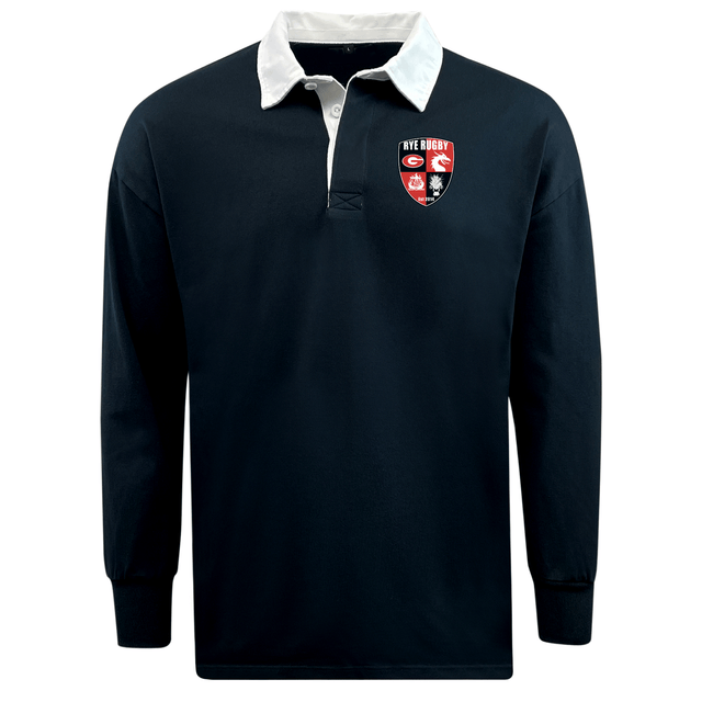 Rye High School Rugby Classic Long Sleeve Solid rugby jersey with a contrasting white collar and a red and white rugby club logo on the chest by EMB Mudoo.