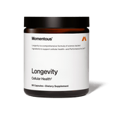 A bottle of Momentous Longevity by Momentous, featuring 90 capsules for NAD⁺ support and brain health, is displayed against a plain white background.