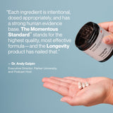 A hand holds three white capsules, while another holds an open container labeled "Momentous Longevity." Dr. Andy Galpin endorses the product from Momentous for cellular health and NAD⁺ support.